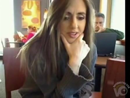 Busty lady flashes in the coffee shop