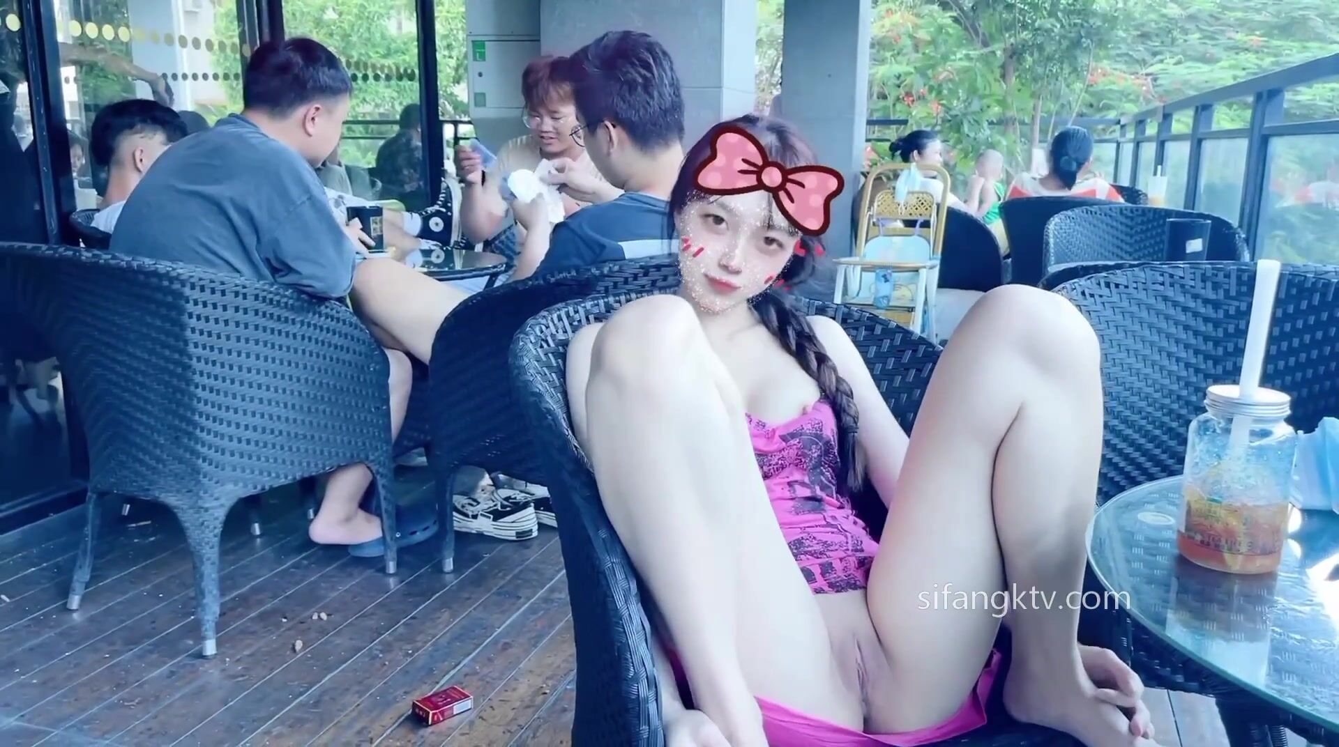 Chinese Exhibitionist Bottomless in Bar