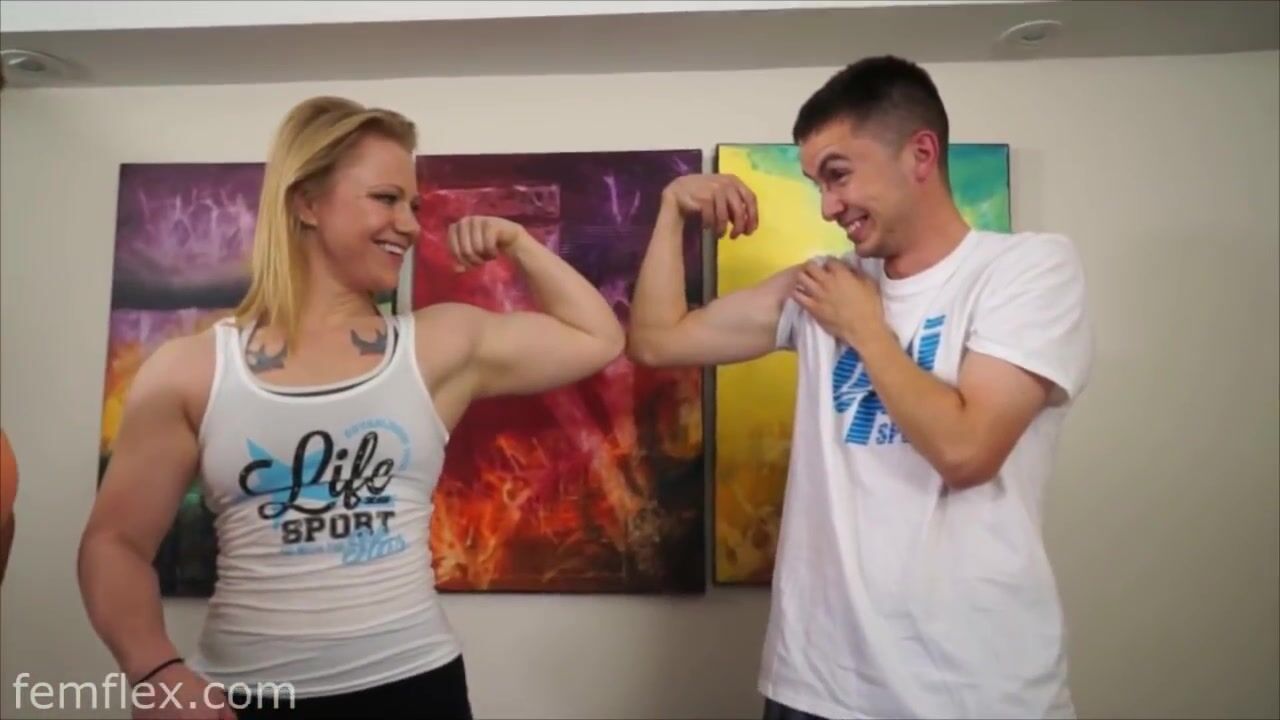 strong muscular girl humilates skinny boy