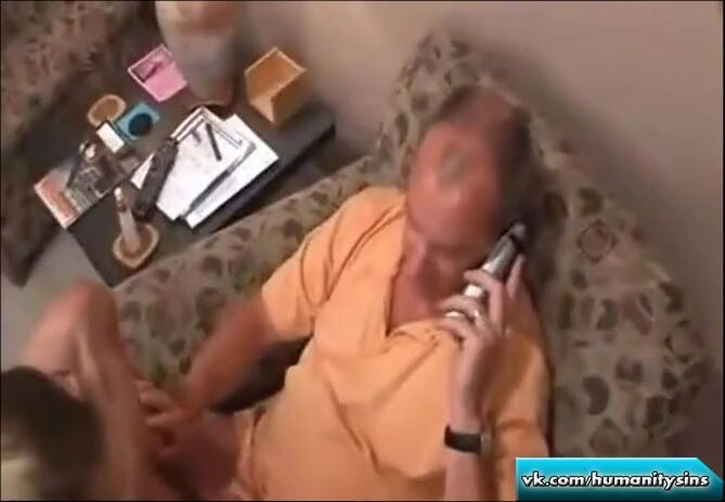 Unknown Model - Daughter sucks daddy while he is on the phone with mom