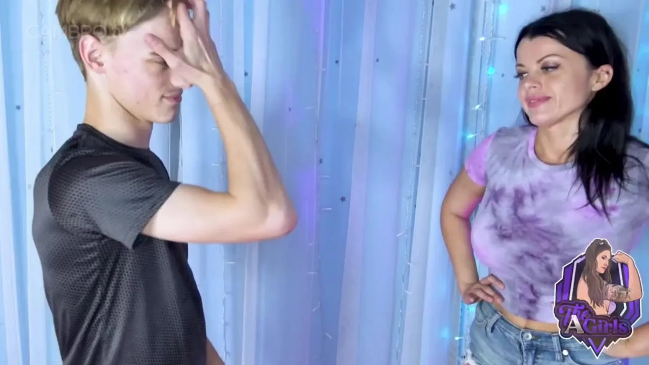 Tall women comparing her body with tiny frank
