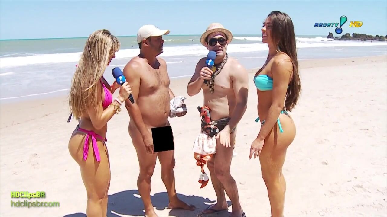 CFNM - Hot brazilian models visit a nude beach and find an elephant cock (blurred)