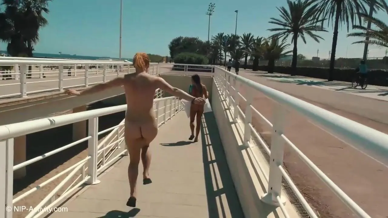 Nude in Public Friederike and Kia - Exhibitionism Walk Crowded Beachfront and Cafe NIP