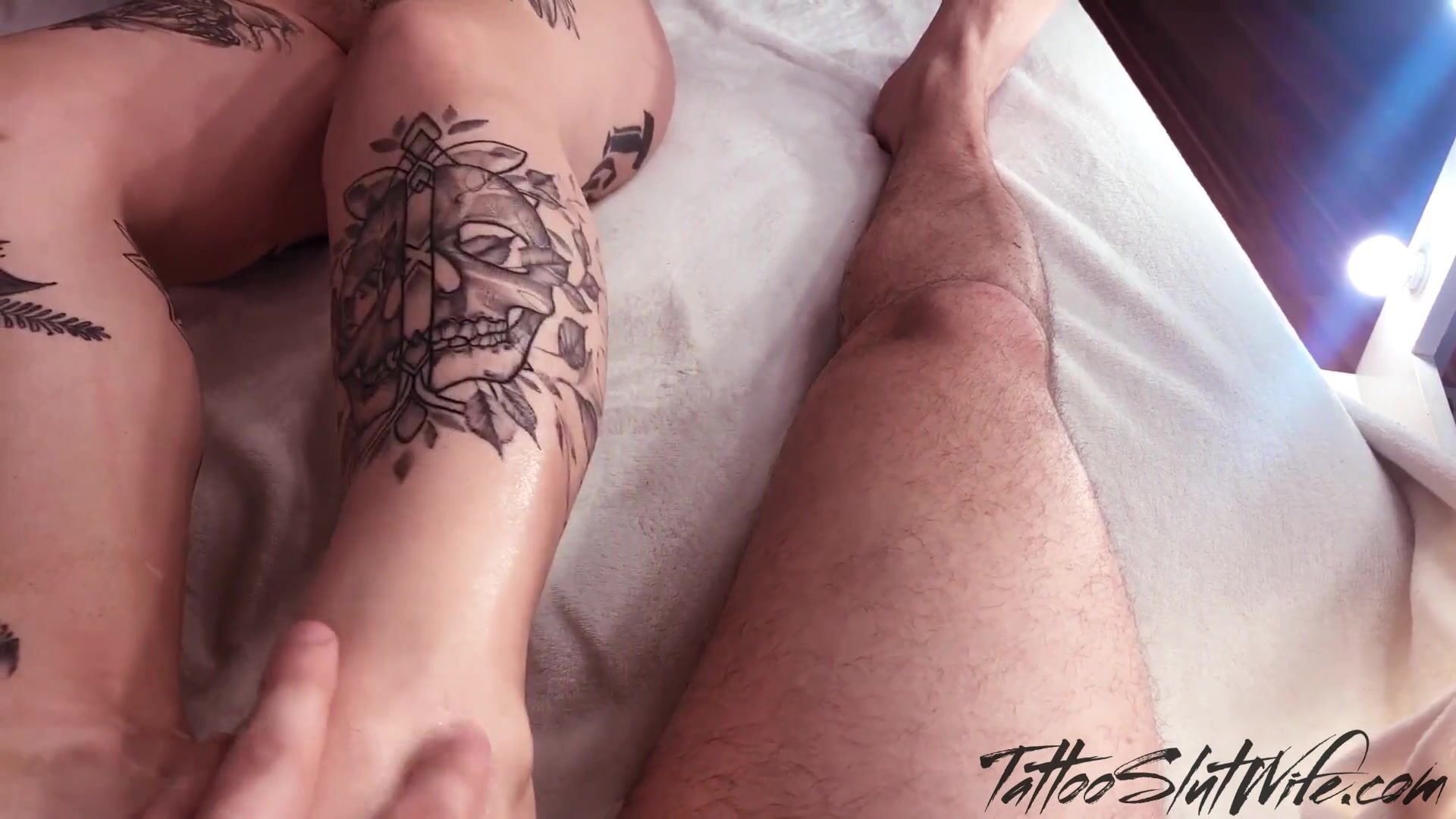 Tattoo Slutwife - pantyhose footjob