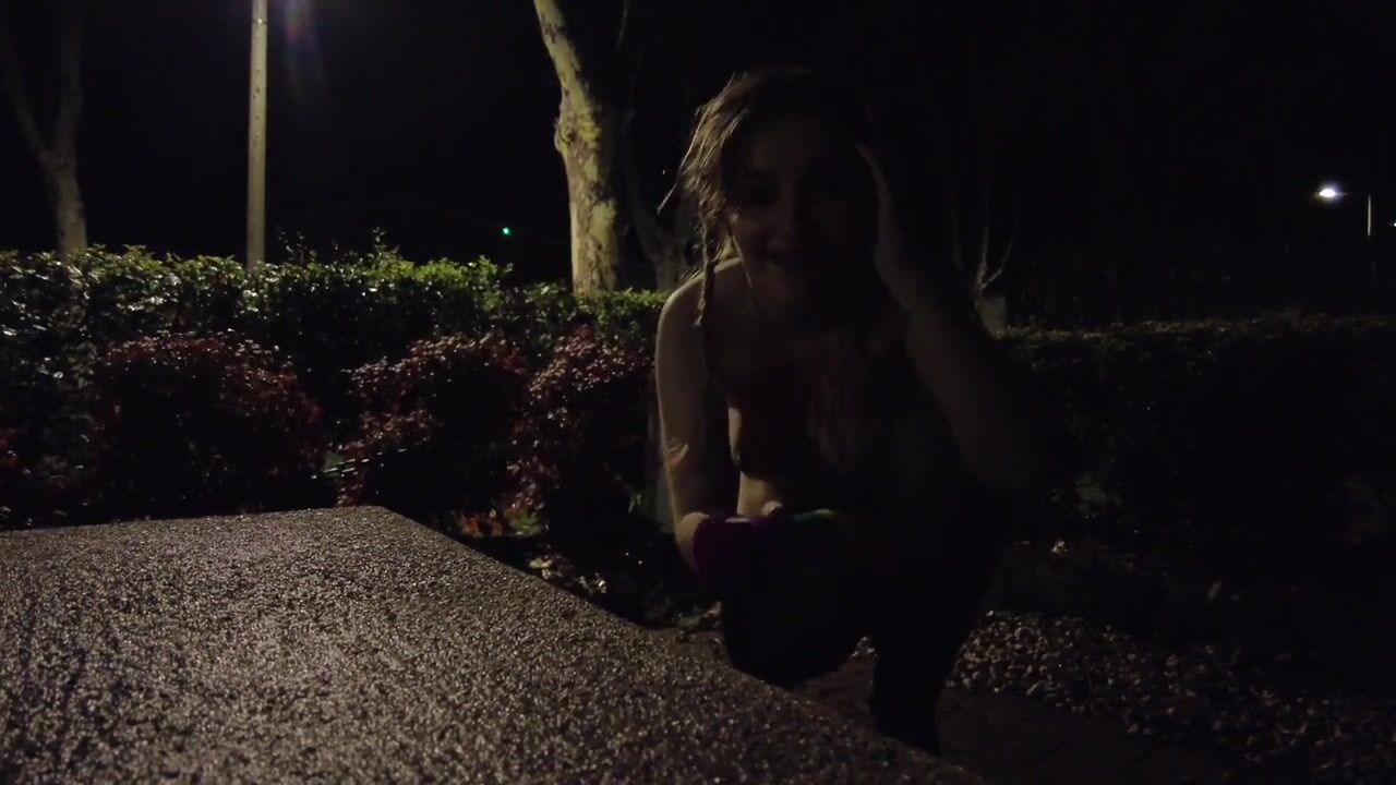 louiselittlefrench walking naked on the side of the road at night with a dildo