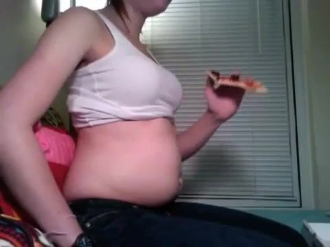 Girl eat a entire pizza belly stuffed