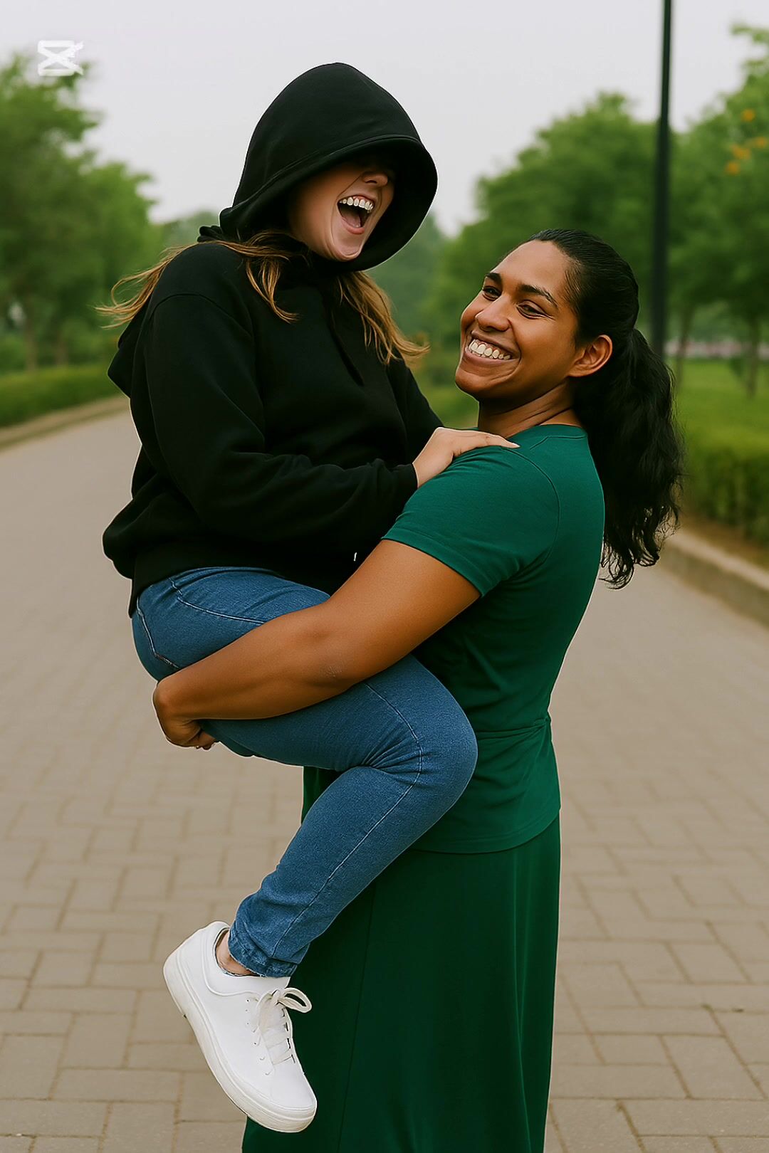 Huge Indian woman carry tiny girls easily