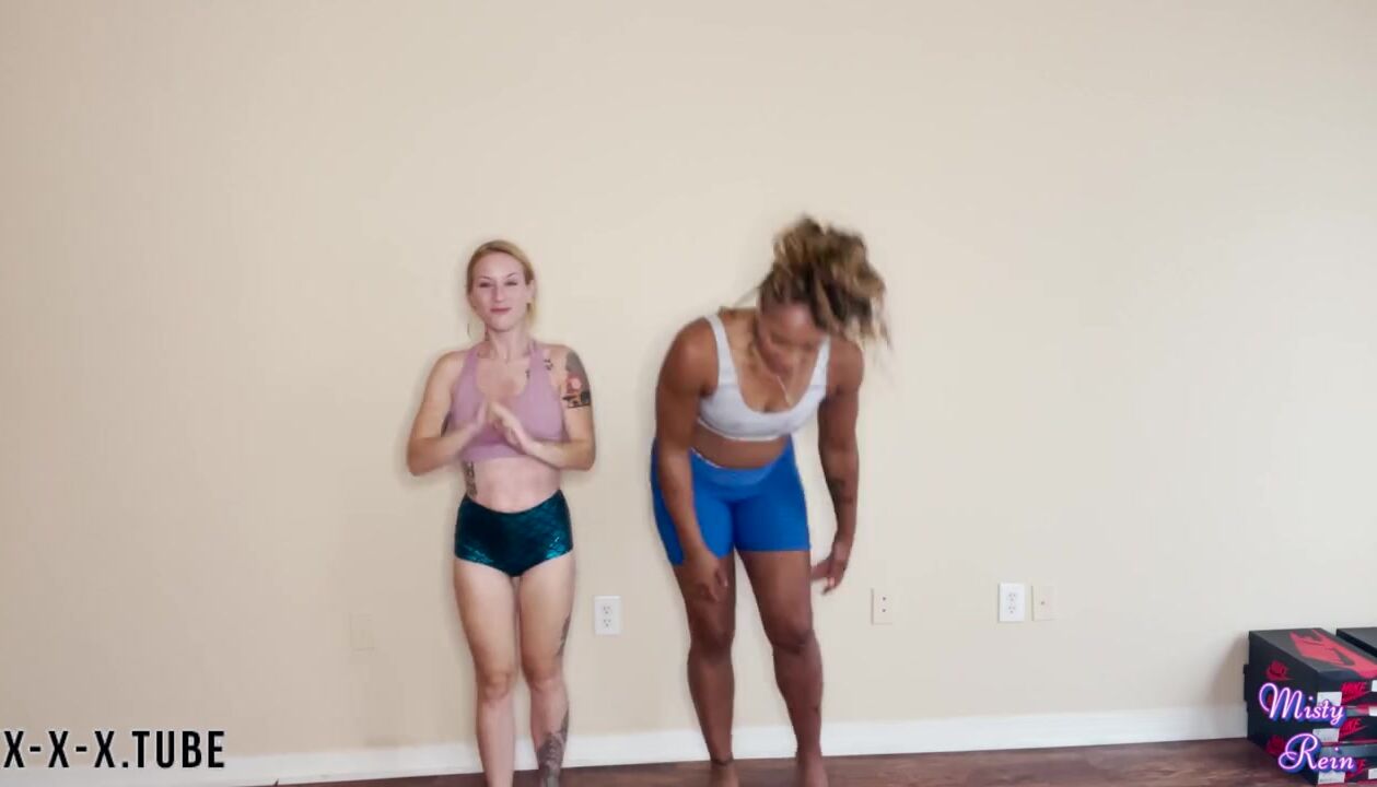 Tall Black Woman Kendra lifts carries little blonde Misty Rain