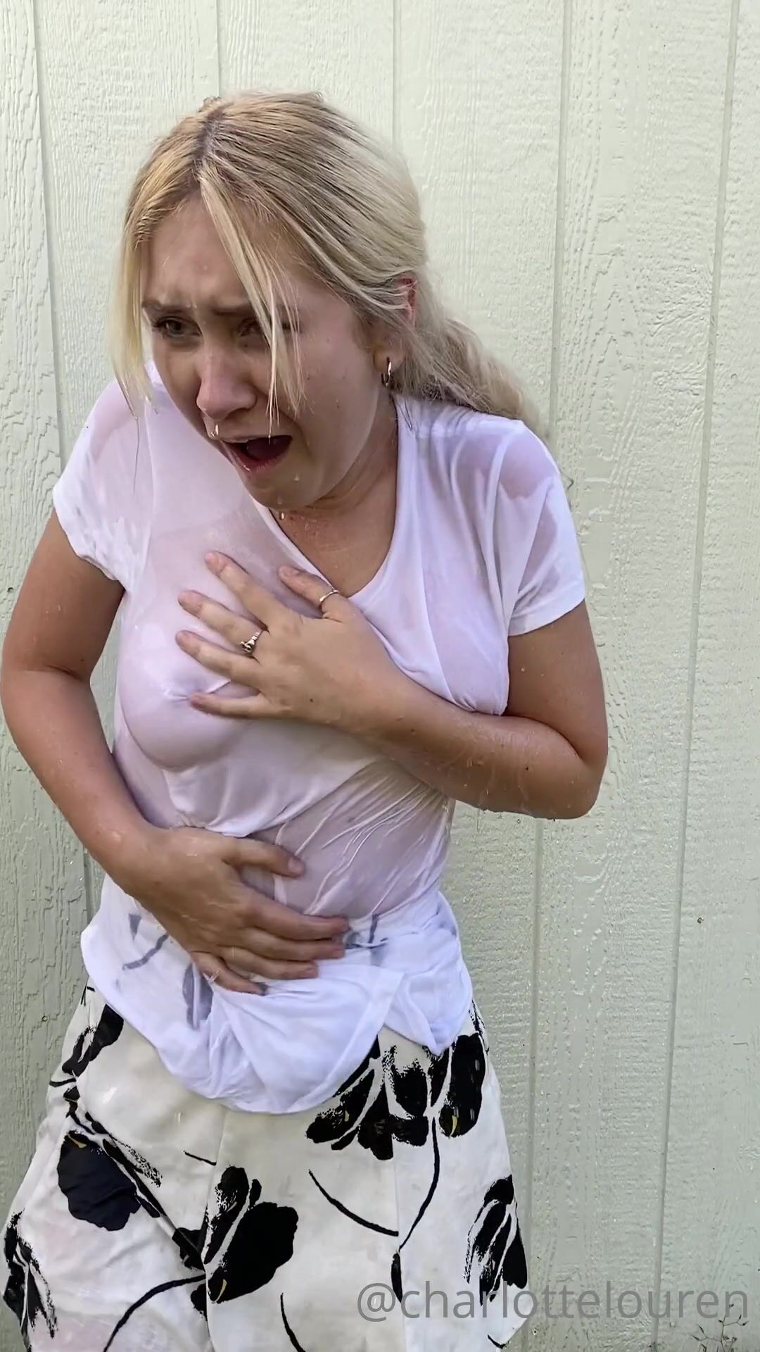Stupid bitch (Charlotte louren) gets water poured on her, and skirt pulled up exposing bush ENF
