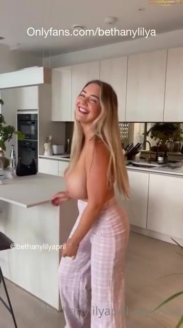 Bethany Lily April stripping in kitchen