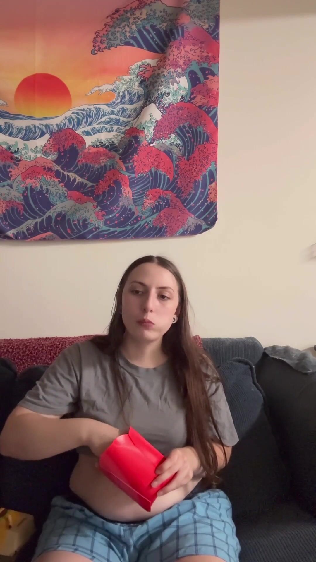 GIRL SHOWS HER BELLY EATS MCDONALDS DRINKS BURPS