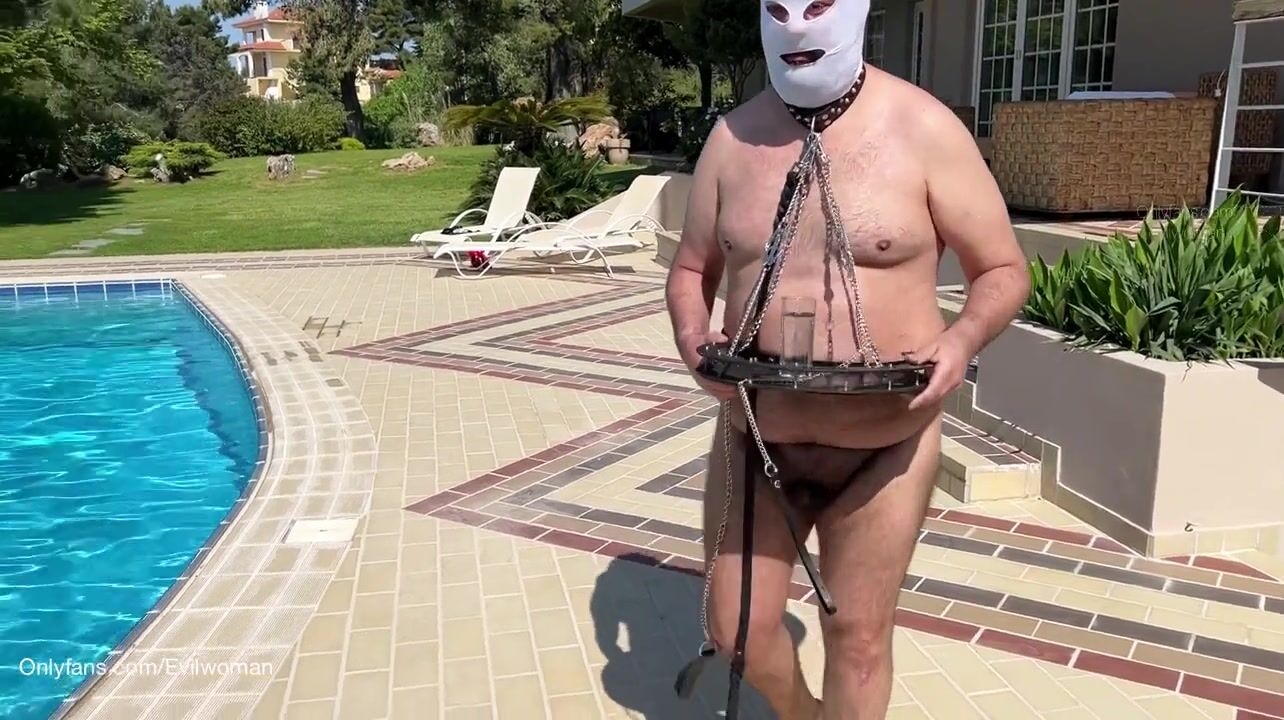 Evil Woman - Using house slave by 3 dommes on the pool.