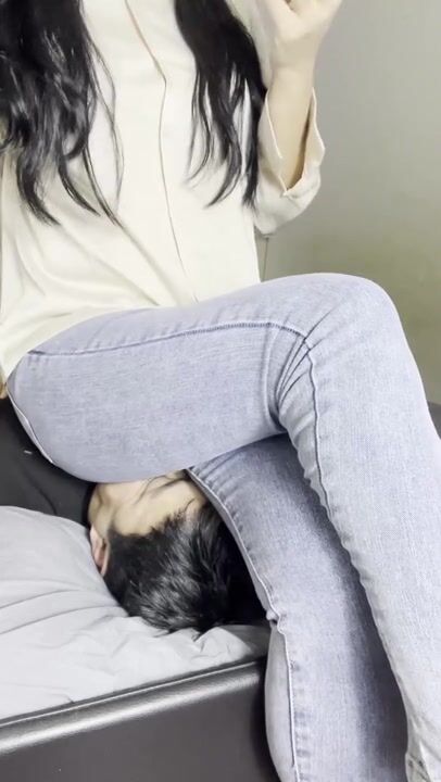 Chinese jeans facesitting femdom