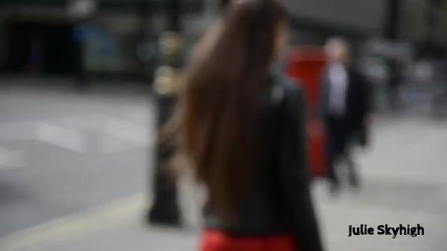 Julie Skyhigh Leather Outfit walking down the streets in London