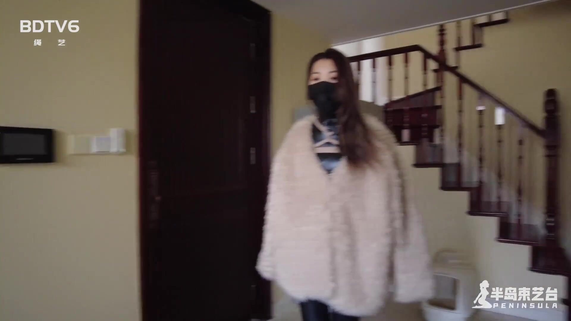 Asian catsuit latex public walk