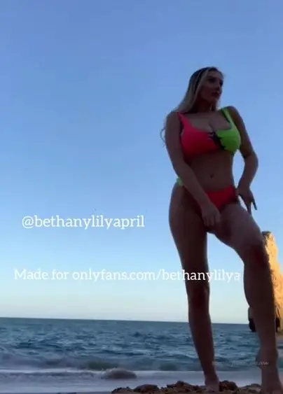 Bethanylilya - bethanylilya yellow and pink neon bikini on the beach
