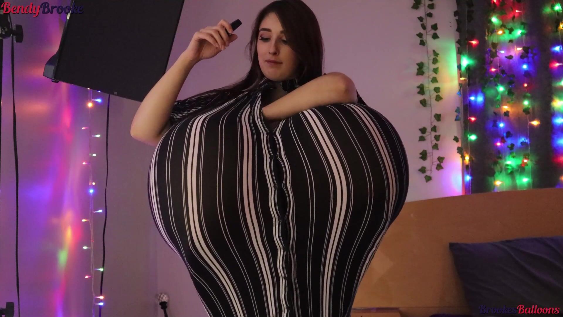Inflating My Huge Balloon Boobs in Black and White Striped Button Down Dress Non-Pop