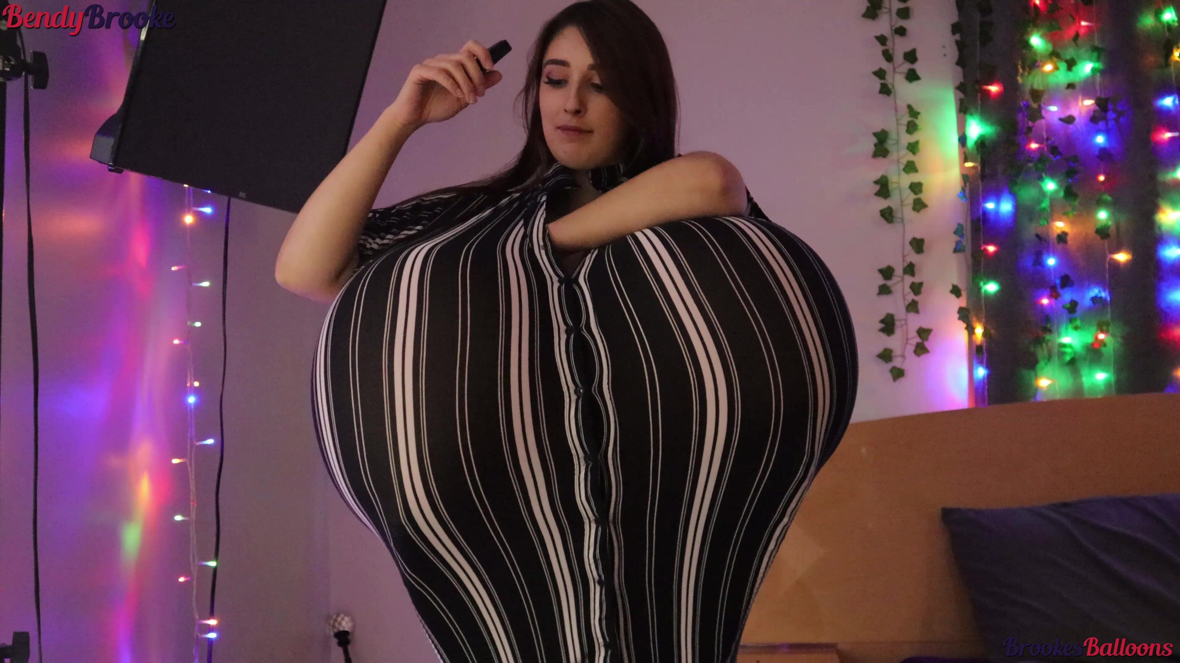 BendyBrooke - Inflating My Huge Balloon Boobs in Black and White Striped Button Down Dress Non-Pop